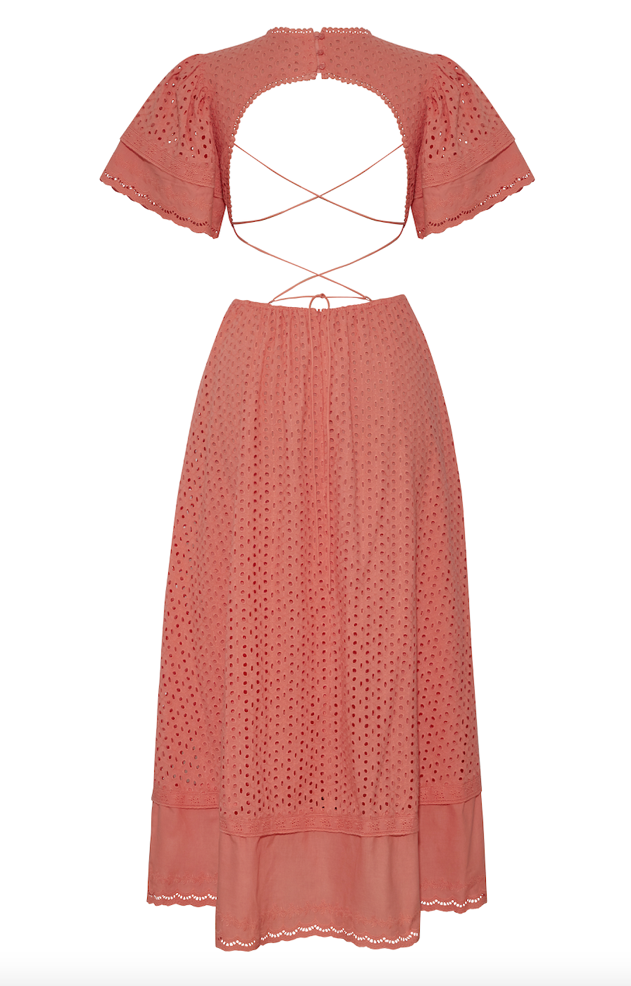 The Caro dress is back and better than ever! Our most beloved style, this stunning dress features puff sleeves, waist cut-outs, and a laced open back that will leave everyone in awe. Made in cotton eyelet, the Caro dress is sophisticated, modern, and romantic, all rolled into one. Perfect for summer events and beyond, this dress is truly a hero.