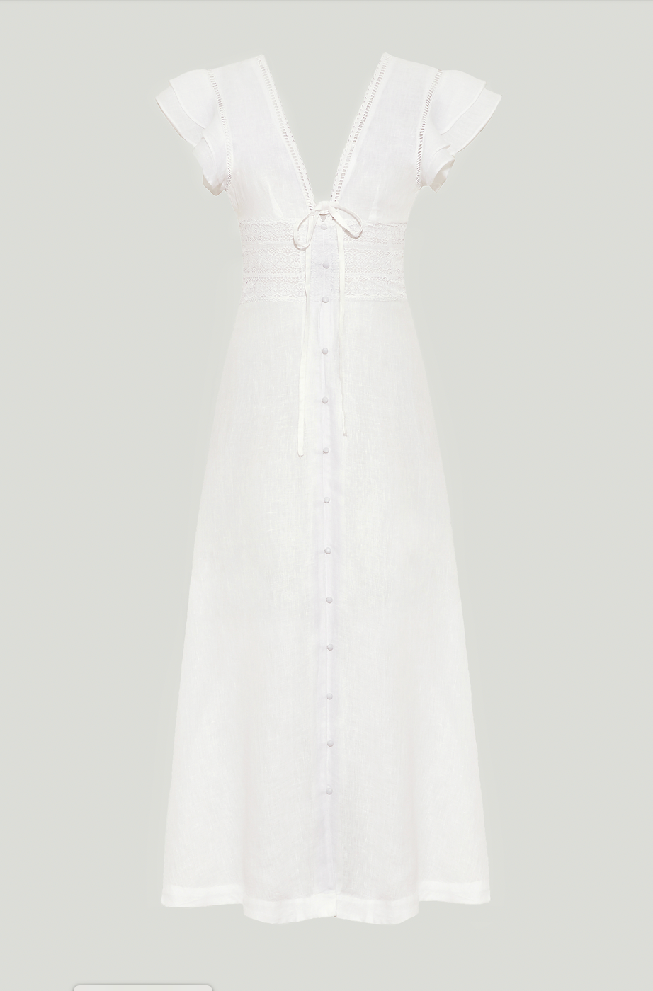 This dreamy dress is perfect for brides-to-be and summer events alike. With delicate lace inserts and trims, ruffled sleeves, and a romantic, versatile white hue, the Basel is your hero white dress.